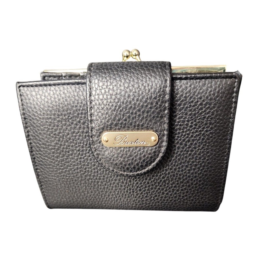 Buxton Black Pebbled Trifold Wallet Kiss Lock Coin Pouch Gold Tone Logo Plate